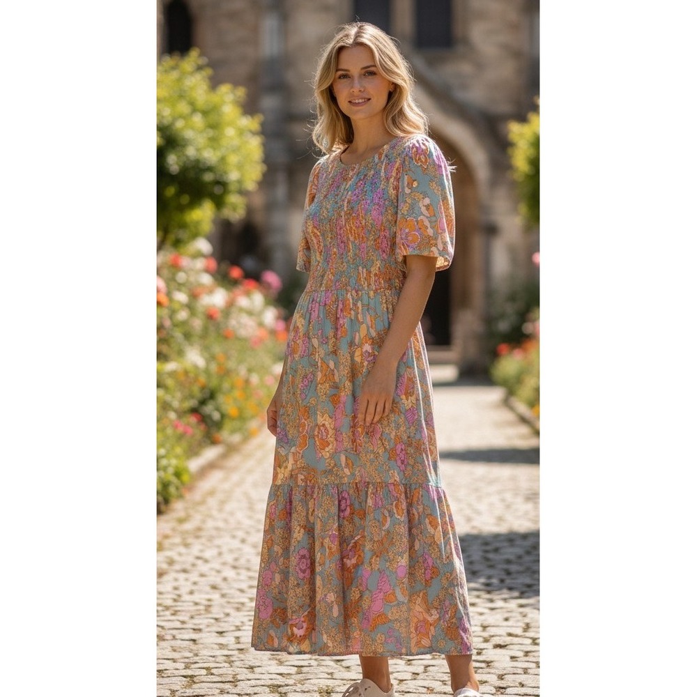 ZESICA Womens Floral Smocked Maxi Dress Blue Orange Pink Boho Tiered Rayon L